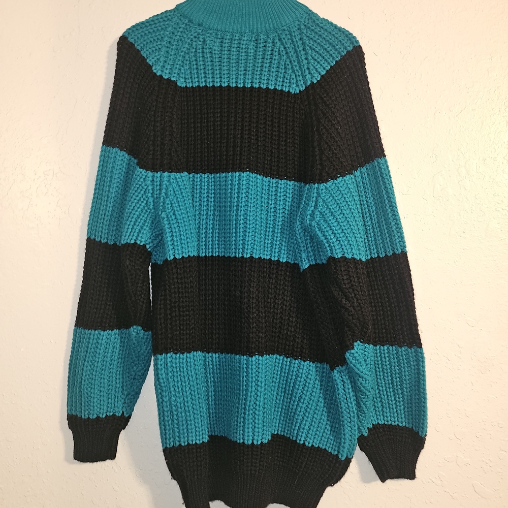 Stylish Black and Teal Striped Turtleneck Sweater Made In Hong Kong